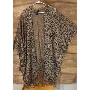 Anthropologie Oliver O 2X leopard kimono cardigan Wrap Shawl fringe Metallic